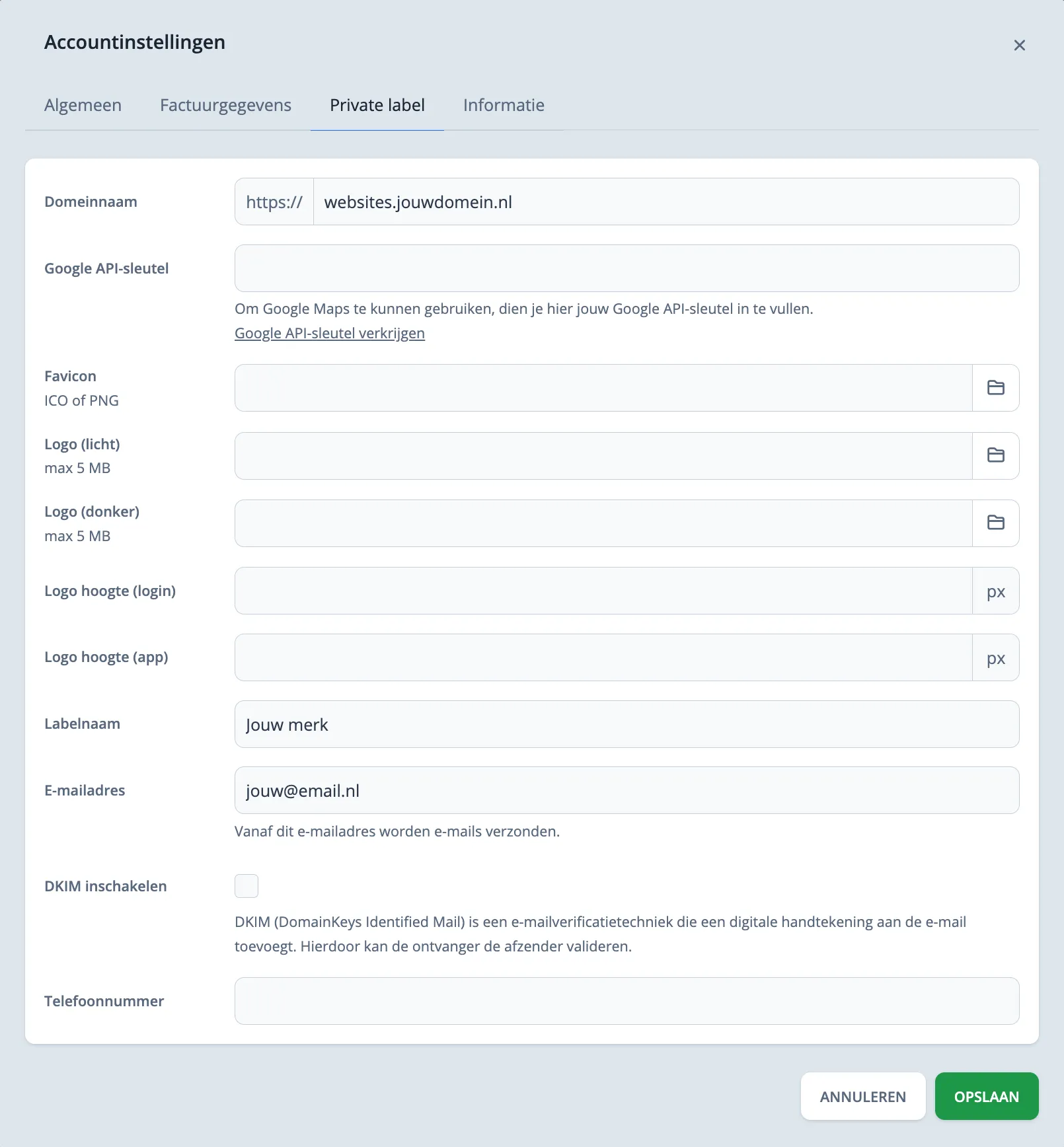 Account instellingen formulier met logo velden