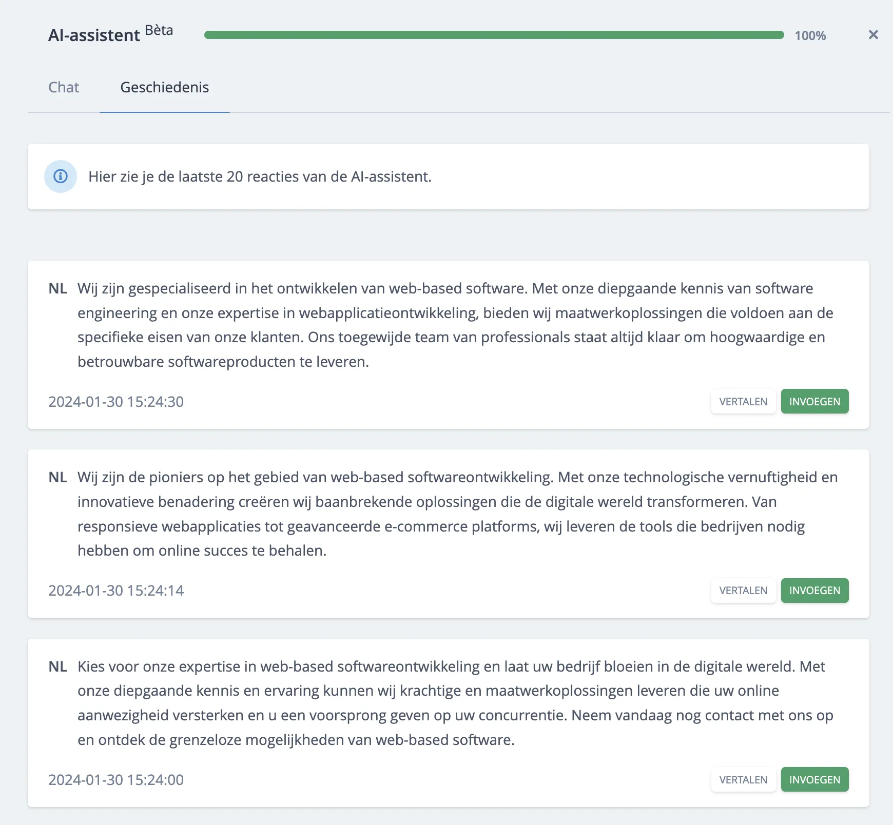 Overzicht van AI-assistent geschiedenis met eerdere gegenereerde teksten