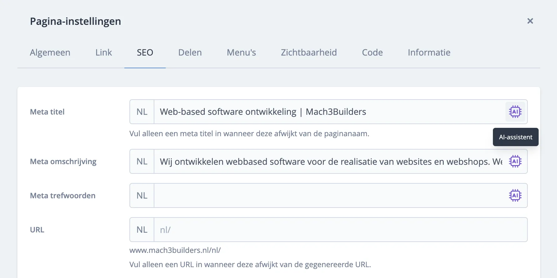 AI-icoon achter het meta-titel veld
