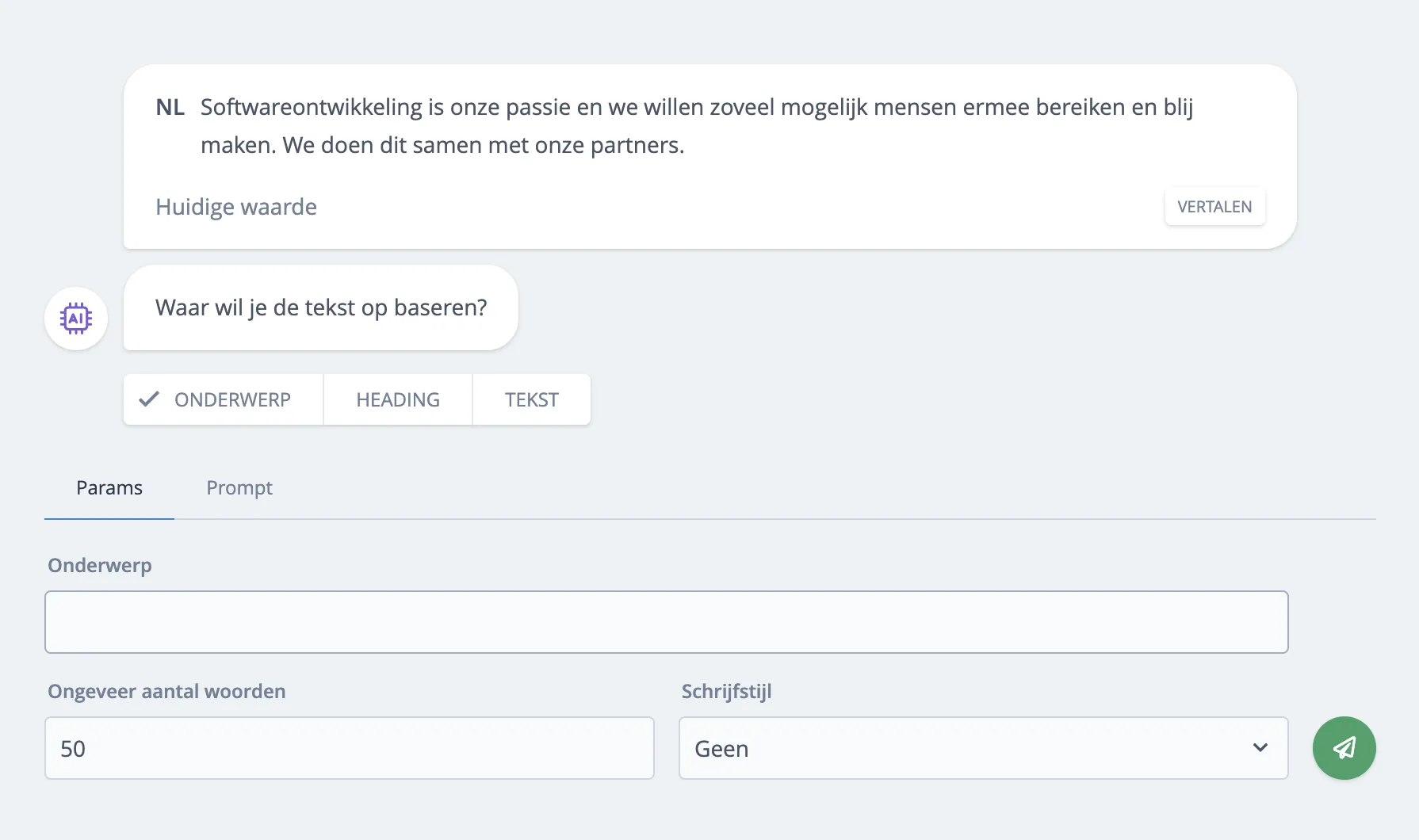 AI-assistent met tekst generatie opties