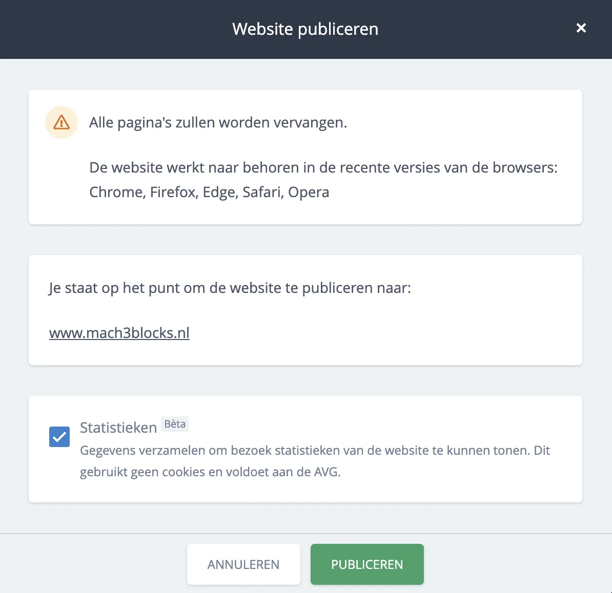 Optie voor het aanzetten van statistieken tijdens publicatie