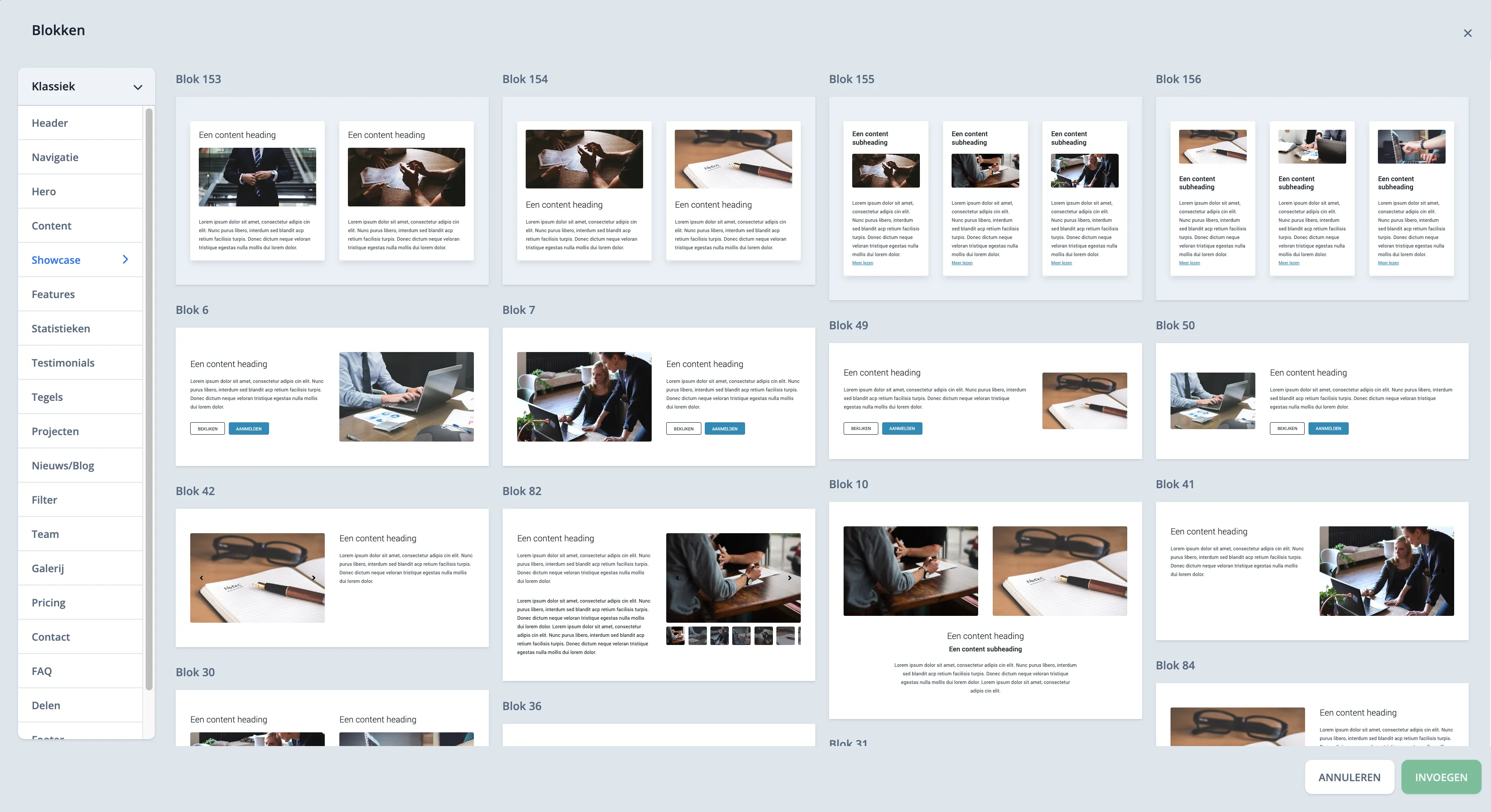 Blokkenoverzicht met categorieën