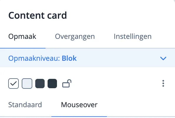 Mouseover tabblad in card opmaak menu