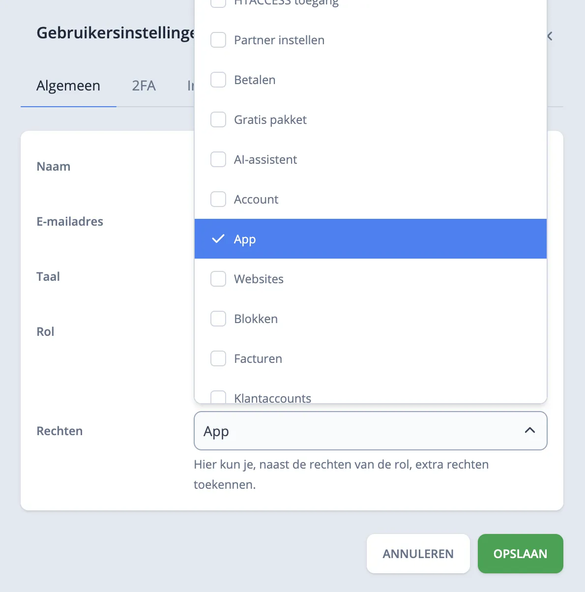 Gebruikersrechten overzicht met app-recht