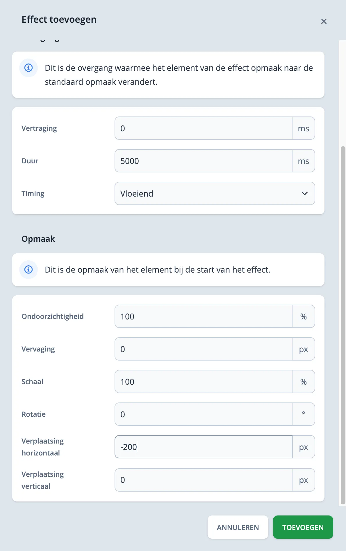 Inschuiven effect formulier met instellingen