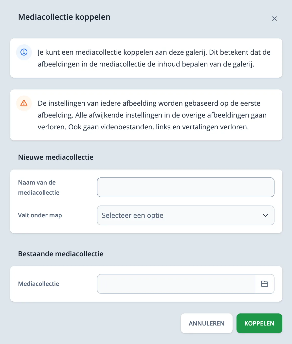 Media collectie koppelen formulier