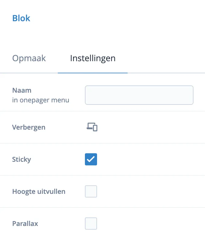 Sticky instelling in het opmaakmenu