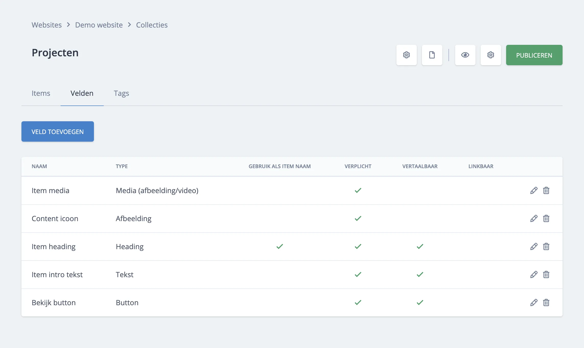 Velden tabblad in collectie