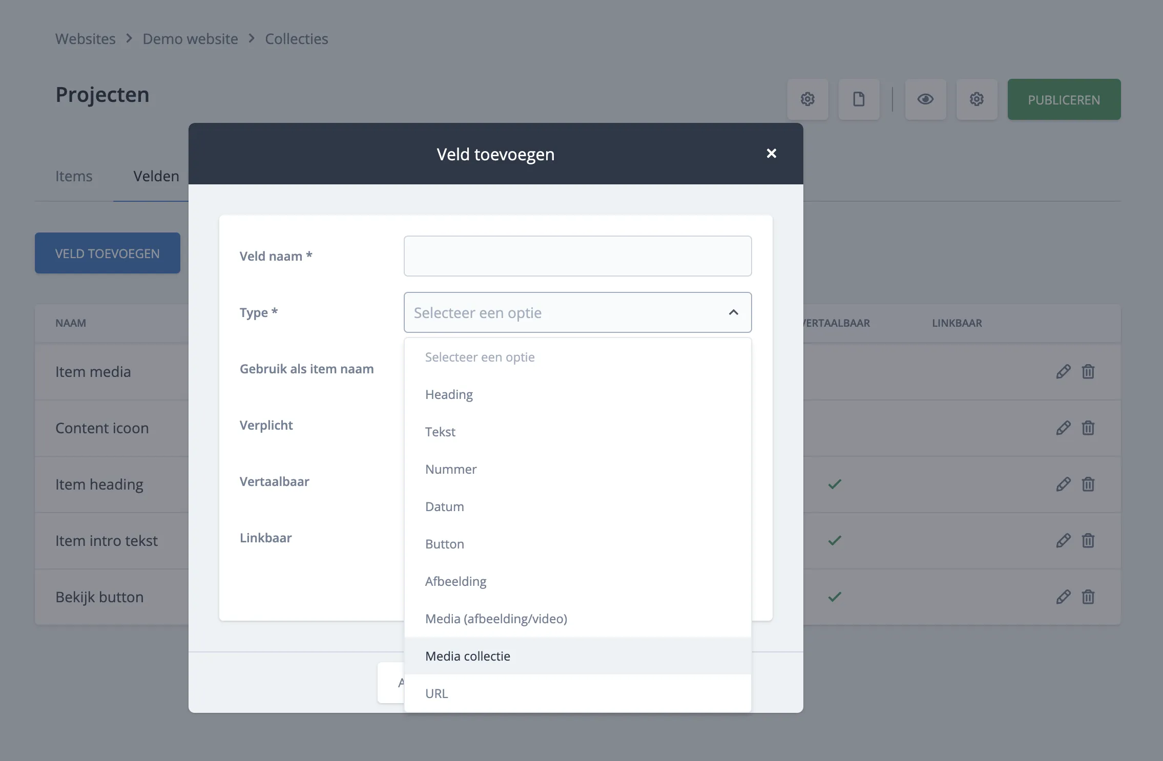 Mediacollectie type selecteren