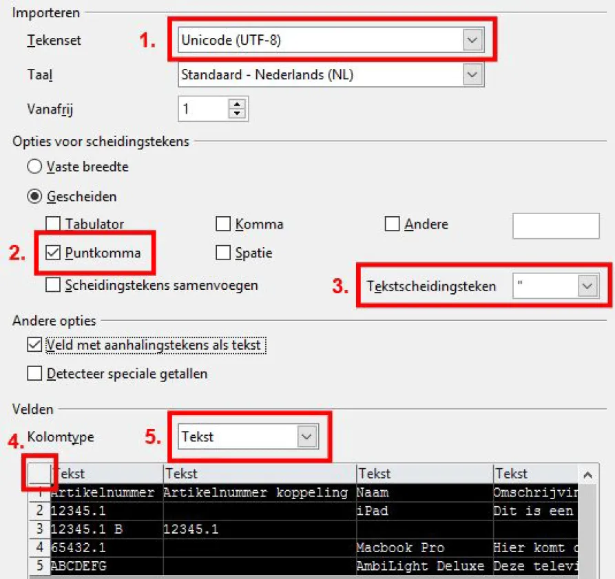 CSV instellingen in OpenOffice